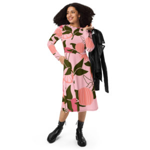 pink squeeze long sleeve midi dress